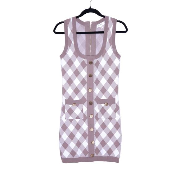 MABLE Ada Jacquard Bodycon Mini Dress Taupe Sleeveless Button Dress Women's M - Picture 1 of 15